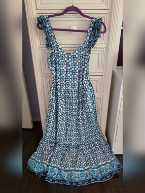 Lucky Brand Blue and White Floral Tile Print Maxi Dress Size M